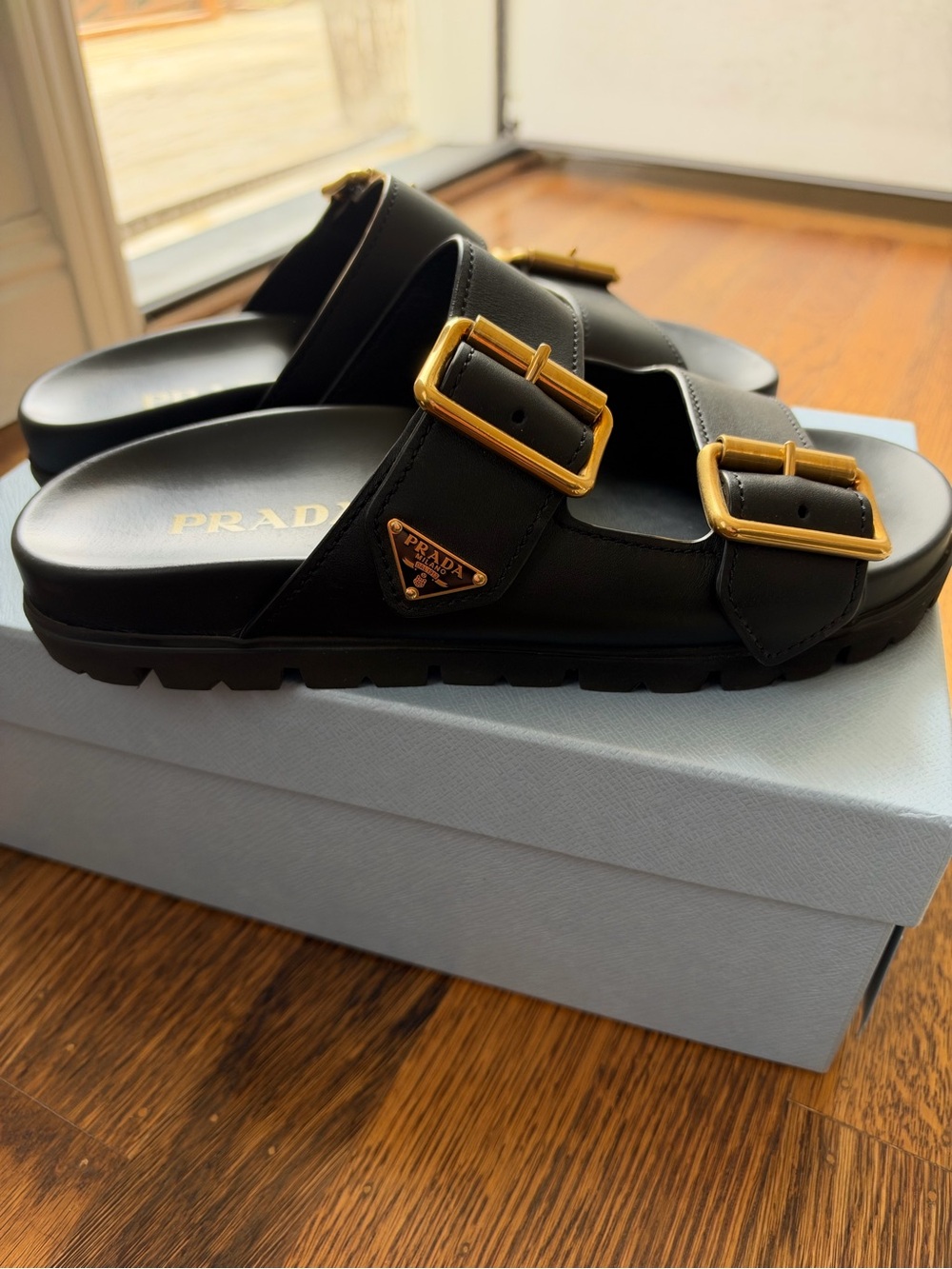 Prada Black Leather Double-Buckle Slide Sandals Shoes with Gold Hardware